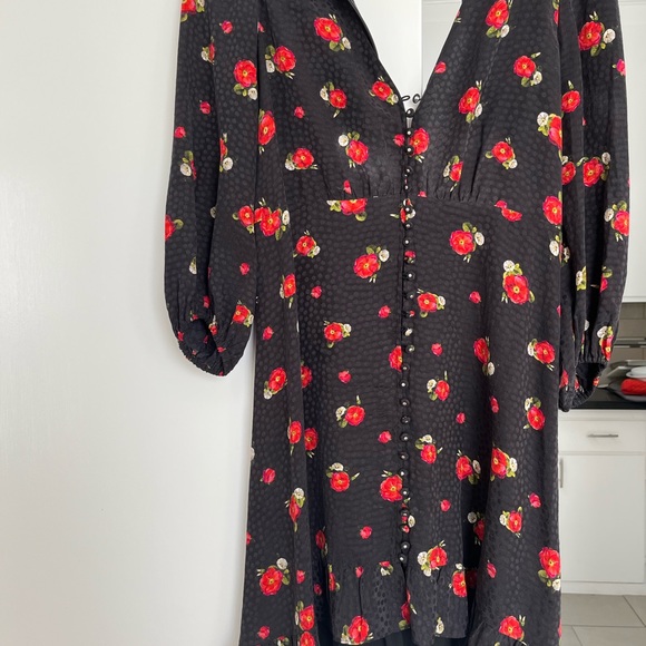 The Kooples Short printed dress with buttoned front black w/red flowers, size 2 - Picture 5 of 6
